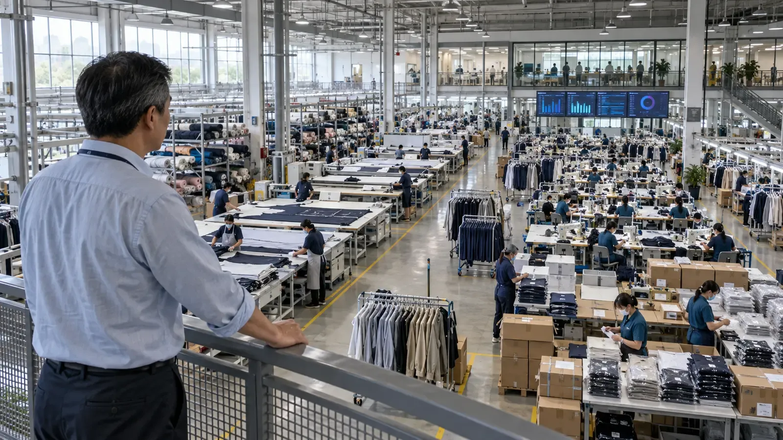 An operations director overlooking connected cutting, sewing and packing areas in a garment factory