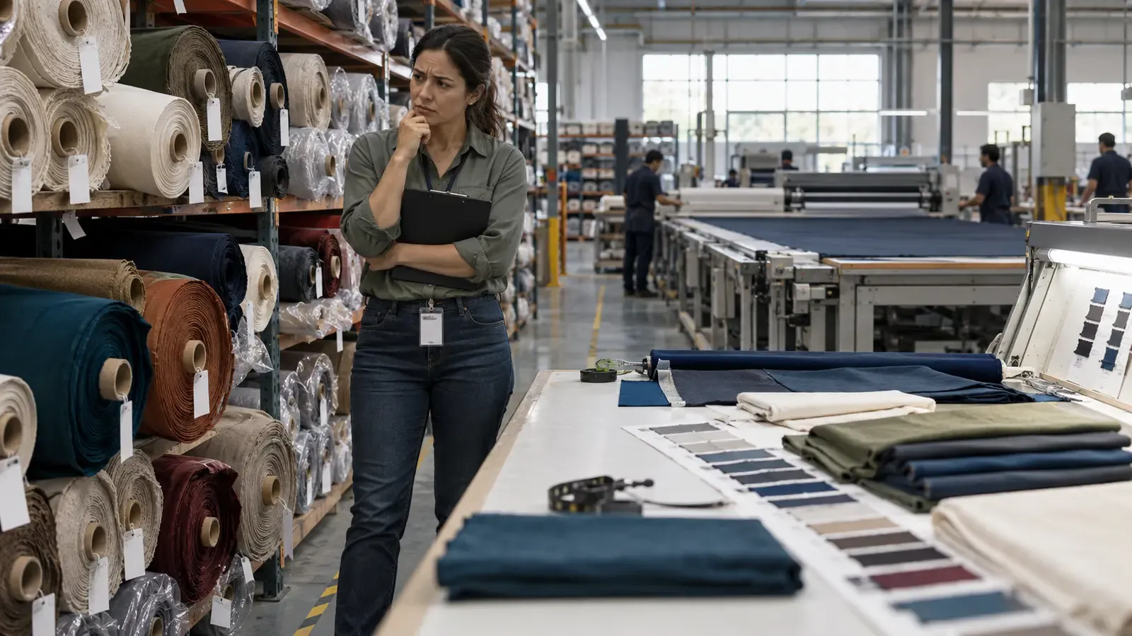 A garment planner checking fabric rolls in a warehouse while the cutting plan remains blocked