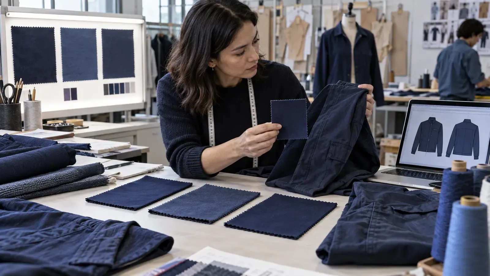 A garment merchandiser comparing several blue fabric swatches with a revised apparel style