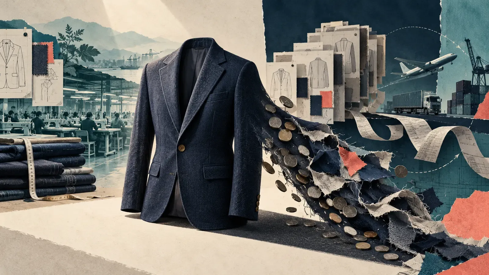 Editorial collage of a tailored jacket losing value through fabric waste, revisions and rush freight